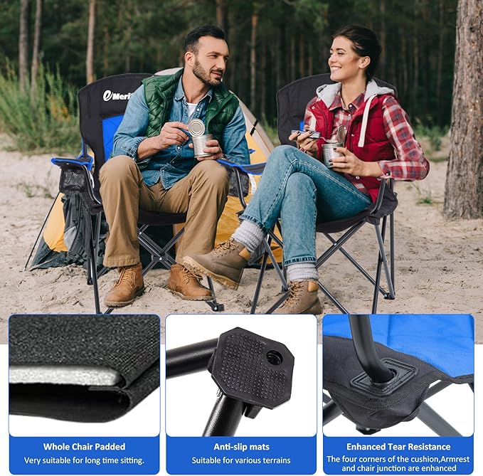 EMERIT 2 Pack Oversized Padded Camping Chair, 350LB Heavy Duty Quad Fold Chair with Arms, Collapsible Outdoor Chairs with Lumbar Back & Cup Holder