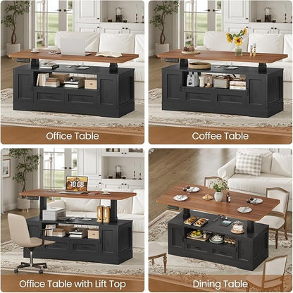 SEDETA 47.2" Electric Standing Coffee Table with Storage, Farmhouse Lift Top Coffee Table with Drawers and Open Shelves, Height Adjustable Tables with Power Outlet, for Living Room, Black
