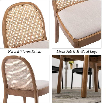 DUOMAY Mid-Century Modern Rattan Dining Chairs Set of 6, Wooden Dining Room Chair with Cane Backrest and Padded Seat, Linen Upholstered Dining Chair, Natural Finish, Beige