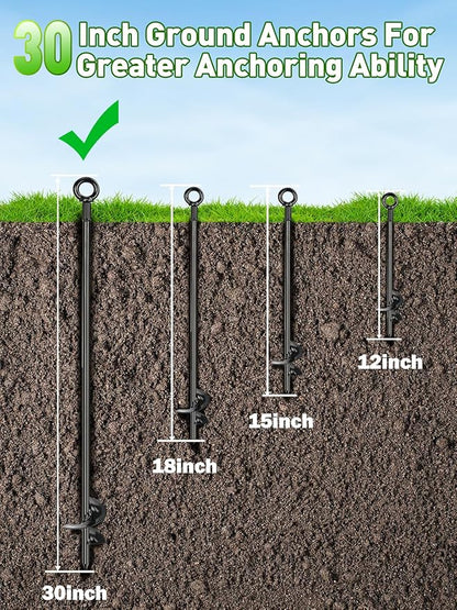 hannger 12 Pcs 30" Long Ground Anchors Shed Anchors Kit with 3/16" Galvanized Cable & Turnbuckles & Carabiners, Heavy Duty Earth Anchors for Sheds Trees Trampoline Greenhouse Swing Set Tent.