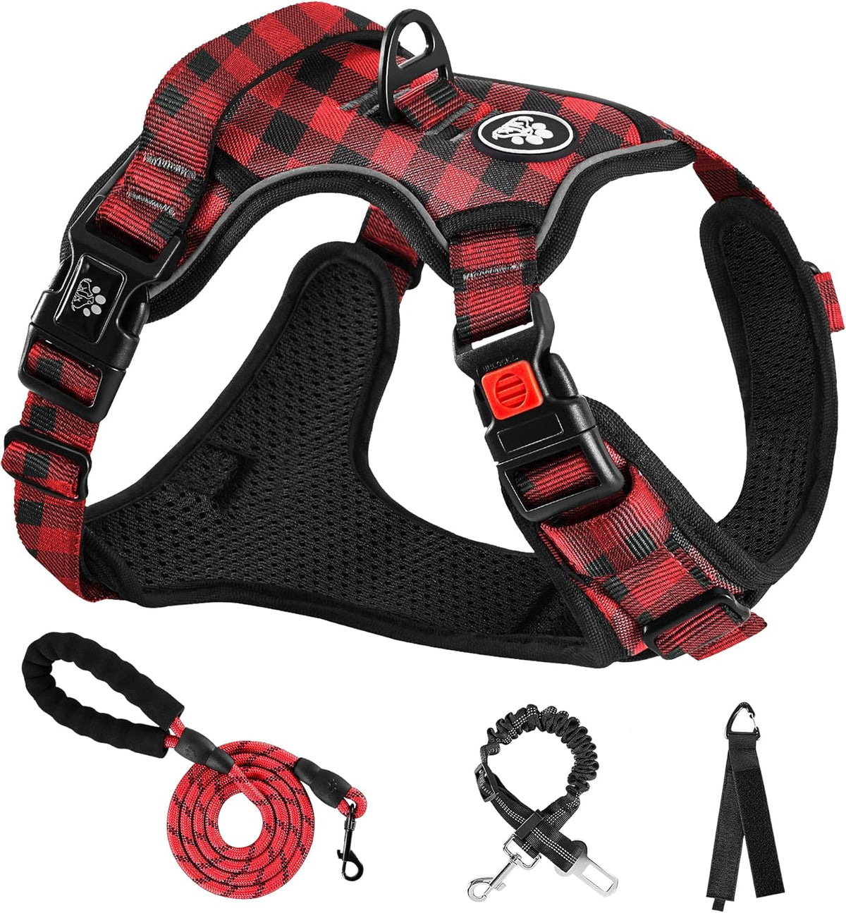 NESTROAD No Pull Dog Harness with Leash, Reflective No Choke Pet Vest Harness,Adjustable Soft Padded Dog Harness with Easy Control Handle for Large Dogs(Checkered Red,Large)