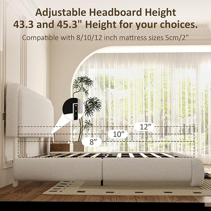 Queen Bed Frame, Teddy Velvet Boucle Bed Frame with 43.3"/45.3" Adjustable Upholstered Headboard, Rounded Corners, Mattress Foundation, No Box Spring Required, White