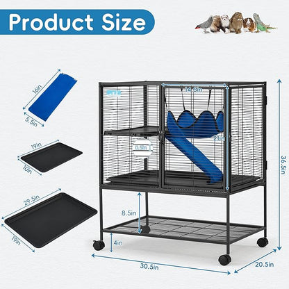 HABUTWAY 36.5''H Large Metal Rolling Ferrets Cage, 2-Tiers Small Animal Cages, Cage for Rats/Chinchillas, 0.5'' Bar Spacing for Ferret,Small Animal Cage w/Removable Ramp & Platform
