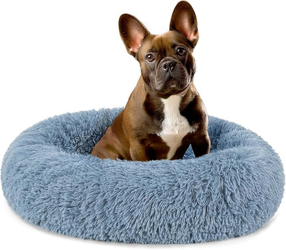 PetAmi Calming Dog Bed for Small Medium Dog Cat, Round Donut Washable, Fluffy Faux Fur Plush Cuddler Pet Kitten Cushion, Anti-Slip, Fits up to 25 lbs, 23 inch, Dusty Blue