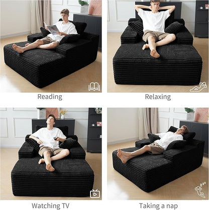 WJShome Oversized Chaise Lounge Chair Indoor, Plush Corduroy Boneless Sofa Bed, Cloud Reading Chair with Throw Pillow for Living Room (Black)