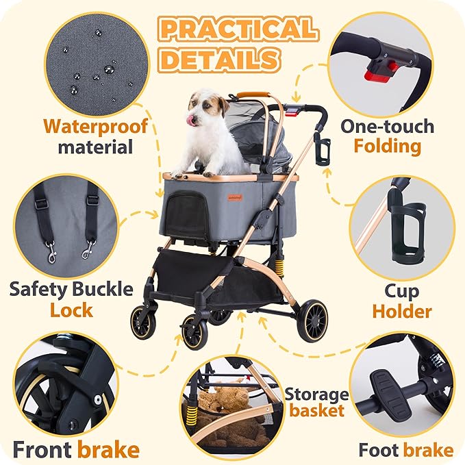 Pet Stroller for Small Medium Dogs, Lightweight Small Dog Stroller for Dogs Cats with 6 Shock Absorption System, Detachable Carrier Suitable for Car Seat & Hand Carry, Safe Outings, Gray