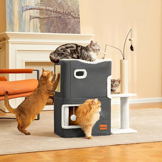 Cat Bed for Indoor Cats with Scratching Post Cat Beds Furniture Cave House 2-Storey Cats Hideaway Playhouse Condo with Fluffy Ball Toys for Pets Dark Grey