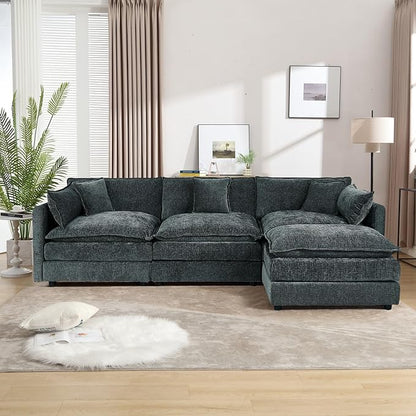 Aoowow Modular Sectional Sofa Modern Convertible L Shaped Couch,112.2 Inch Deep 3-Seater Sofas Set Comfy Chenille Cloud Sofas and Couches with Movable Ottoman for Living Room Apartment（Grey）