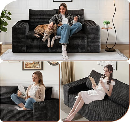 63" Corduroy Loveseat Sofa, 2-Seater Cloud Couch, Boneless Couch in a Box, Comfy Deep Seat Sofa with Memory Foam, Pillows and Wide Armrests, Modern Small Couches for Small Spaces, No Assembly (Black)