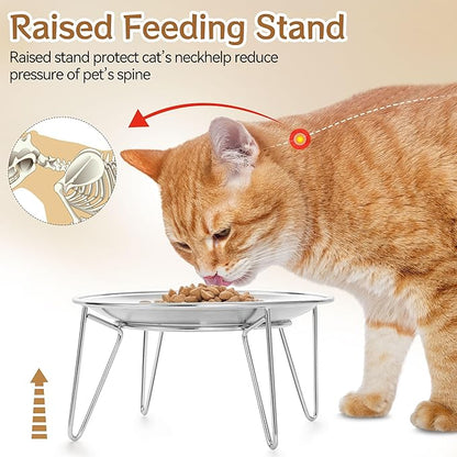 Cat Food Bowls, 2 Pcs Stainless Steel Cats Food and Water Whisker Fatigue Shallow Dishes, Small Dog Puppies Fat Faced Cat Kitten Supplies (2 Plates with Stand)