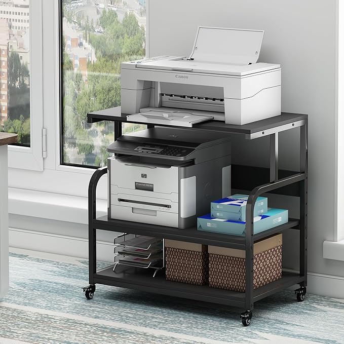 Fannova 32.3" x 18.9" Extra Large Printer Stand Table with Adjustable Storage Shelf, 3 Tier Rolling Printer Cart with Industrial Wheels for Home Office, Black
