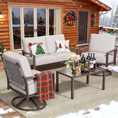 NATURAL EXPRESSIONS 4 Pieces Patio Furniture Sets, Modern Metal Outdoor Conversation Sets with High Back All Weather Hand-Woven Rope Rocking Swivel Chairs, Loveseat, Metal Table, 5.5" Thick Cushions