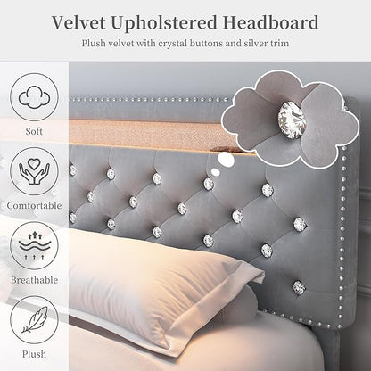 Full Led Bed Frame with 2 Drawers, Platform Bed Frame Full Size with Storage and Adjustable Upholstered Button Tufted Headboard, Noise-Free, Solid & Stable, No Box Spring Needed, Velvet Grey