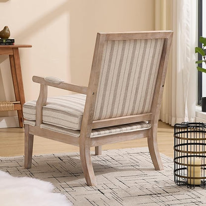 DM Furniture Mid Century Modern Accent Chair Upholstered Living Room Chairs with Armrest Linen Comfy Lounge Armchair Retro Solid Wood Reading Chair for Bedroom, Guest Room, Balcony, Khaki Stripe