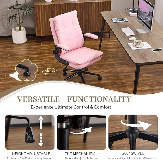 VINGLI Comfy Pink Leather Office Desk Chair,High-Back Ergonomic Computer Small Gaming Chair with/No Wheels,Adjustable Height,Flip-Up Arms,360° Swivel for Vanity,Home Office,Adults,Teen,Girls&Women