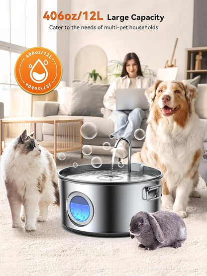 Dog Water Fountain for Large Dogs, 3.2Gal/406oz/12L Stainless Steel Pet Water Fountain, Quiet Dog Water Bowl Dispenser with Visible Window for Large Dog, Multi-pet Home