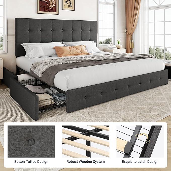 Allewie Upholstered King Size Platform Bed Frame with 4 Storage Drawers and Headboard, Square Stitched Button Tufted, Mattress Foundation with Wooden Slats Support, No Box Spring Needed, Dark Grey
