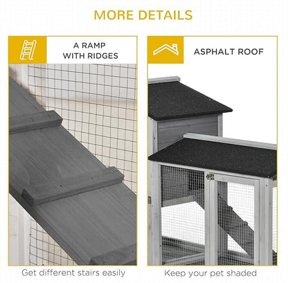 PawHut 62" Rabbit Hutch, Wooden Bunny Hutch, Guinea Pig Cage, Small Animal Enclosure with Wheels, Run Area, Removable Tray, Asphalt Roof, Lockable Doors and Ramp, for Rabbits, Chickens, Ducks, Gray