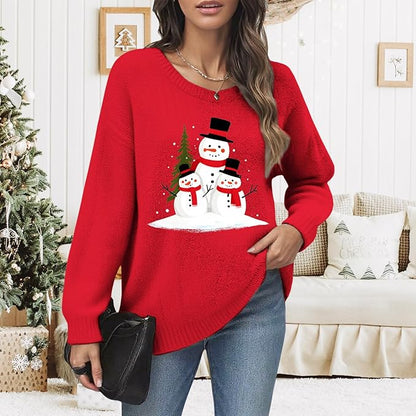 Women's Red Christmas Sweater - Festive Cartoon Patterns, Cozy Knit for Holiday Parties & Gatherings