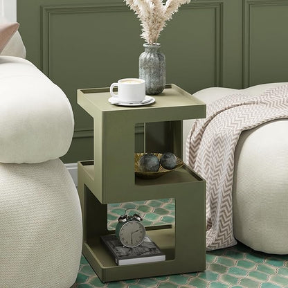 COZAYH Farmhouse Geometric Wood End Table, Distressed Accent Side Table with Two Storage Space, 3-Layer Cube Design for Bedroom, Living Room, Entryway, Green