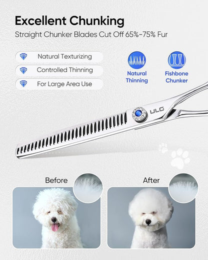 ULG Professional Dog Grooming Scissors 7.5” Straight Chunker Shear 65%-75% Thinning Rate 440C Japanese Stainless Steel Tension Adjustable Left & Right Handed Pet Grooming Shears
