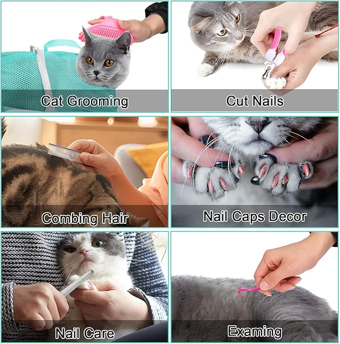 JULMELON Cat Washing Bag 10 PCS Set, Adjustable Cat Shower Net Bag and Pet Grooming Brush with Nail Clipper Nail File Hair Combs Tick Tool Nail Caps for Bathing Nail Trimming Examination(Pink+Green)