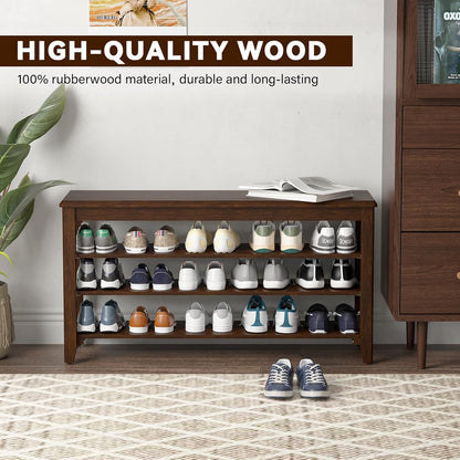 Shoe Bench Storage Rubberwood, Entryway Bench with 3-Tiers Height Adjustable, Shoe Rack Front Door Entrance Organizer for Hallway Living Room, Mudrooms, Walnut,31.5"