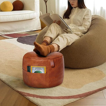 Thgonwid Unstuffed Faux Leather Pouf Cover Handle, Footstool Ottoman Storage Solution, Floor Footrest Cushion, 16.5”Dx12”H, No Filler, (Pocket-Handle) Amaretto