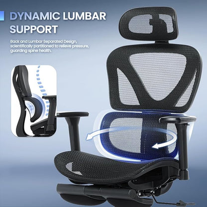 MALOL Ergonomic Office Chair with Footrest, Mesh Home Office Computer Chair with Adjustable Headrest and 3D Arms, Backrest Height, Tilt Lock and Lumbar Support, 300LBS