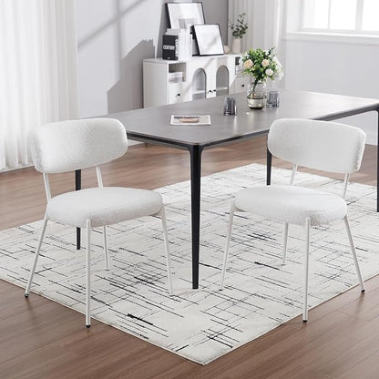 KCC Boucle Dining Chairs Set of 6, Modern Mid-Century Upholstered Stylish Kitchen Chairs Sherpa Accent Diner Chairs with Metal Legs and Curved Back for Kitchen, Dining Room(White)