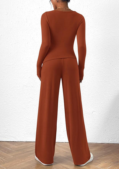 PRETTYGARDEN Women's 2 Piece Lounge Sets Asymmetrical Long Sleeve T Shirt Wide Leg Pants Casual Outfits Tracksuit