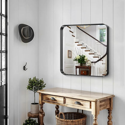 CIRCUMI Black Bathroom Mirror, Rounded Corner, Tempered Glass, Square Mirror