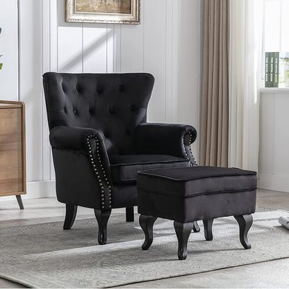 chairus Mid-Century Modern Accent Chairs with Ottoman Set of 2, Comfy Velvet Single Sofa Chair Button Tufted Wingback Armchairs with Pillow for Living Room/Bedroom/Club - Black