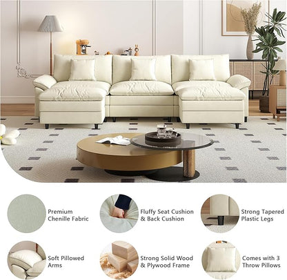 Aoowow Modular Sectional Sofa Modern Convertible U Shaped Couch,118.9 Inch Deep 3-Seater Sofas Set Comfy Chenille Cloud Sofas and Couches with Movable Ottoman for Living Room Apartment(Beige)