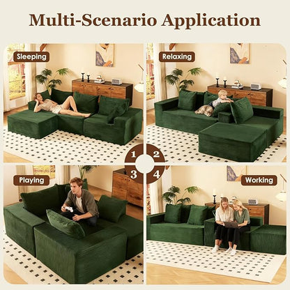 INGEROOM 108" Cloud Sectional Couch with L-Shape Chaise, Modular Sofa Memory Foam, Boneless Sofa with Movable Ottoman, Plush Corduroy Memory Foam Couch for Living Room, No Assembly, Forest Green