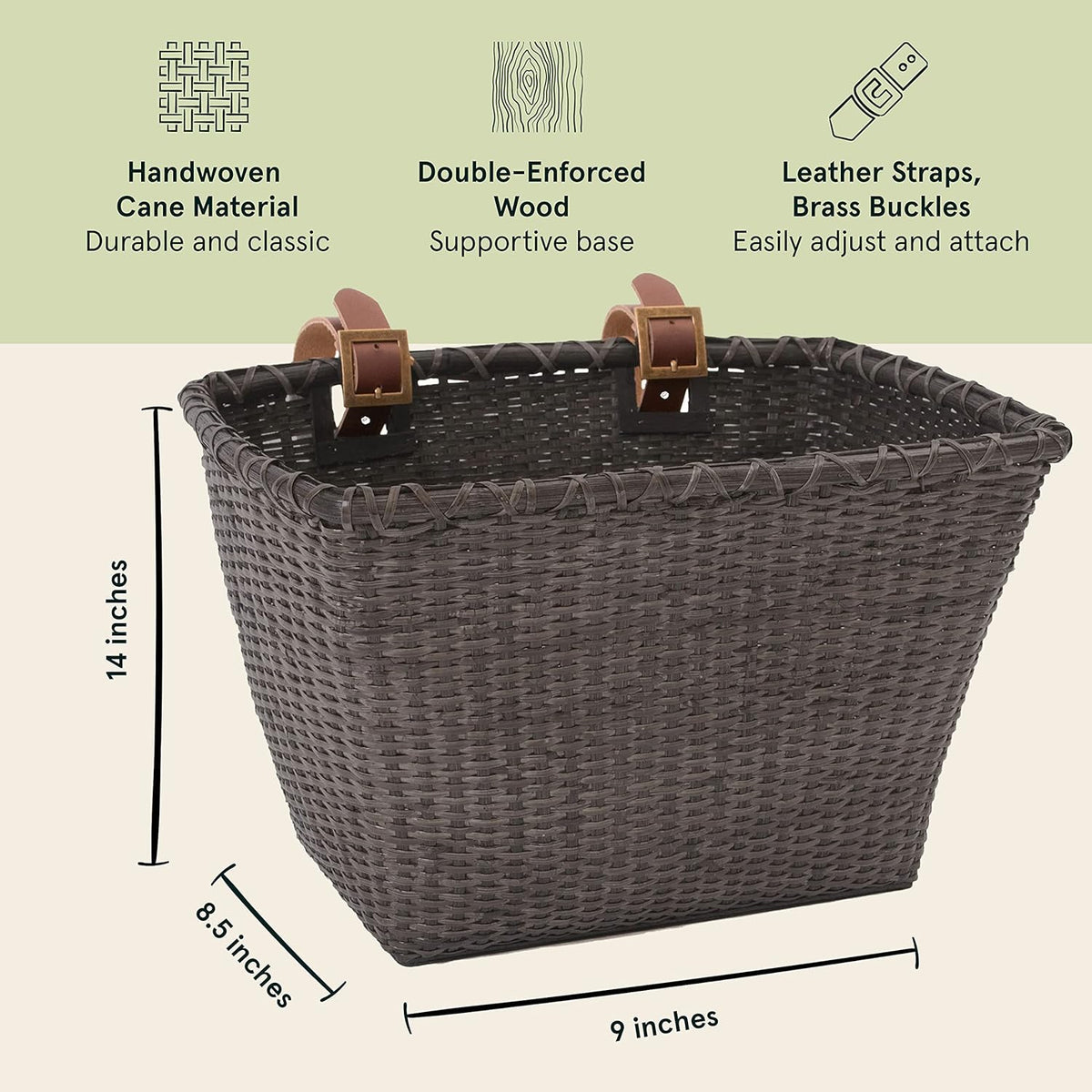 Retrospec Bicycles Cane Woven Rectangular Toto Basket with Authentic Leather Straps and Brass Buckles