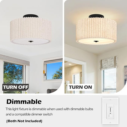2 Light Semi Flush Mount Ceiling Light Fixture 12.6 Inch Modern Black Drum Ceiling Light Fixture with Pleated Fabric Shade Dimmable Close to Ceiling Light for Living Room Hallway Bedroom Entryway