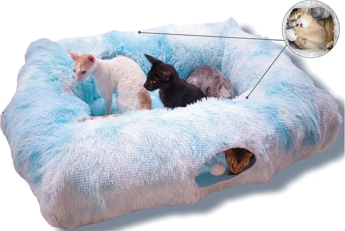 XxingSheep 4 Cave Shuttled XL Cat Tunnel Bed for Indoor Cats Peekaboo Toy Donut with Warm Mat, Azure Blue