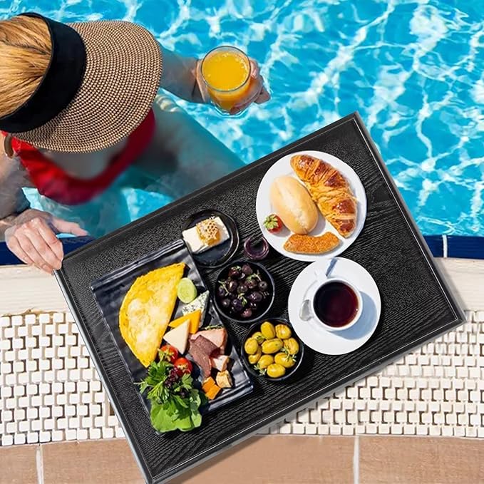 24 x 16 Inches Extra Large Solid Wood Serving Tray for Tea Coffee Table Snack Food Meals Serving Plate Kitchen Party Bar Breakfast Server with Raised Edges Black Wooden Decorative Ottoman Tray