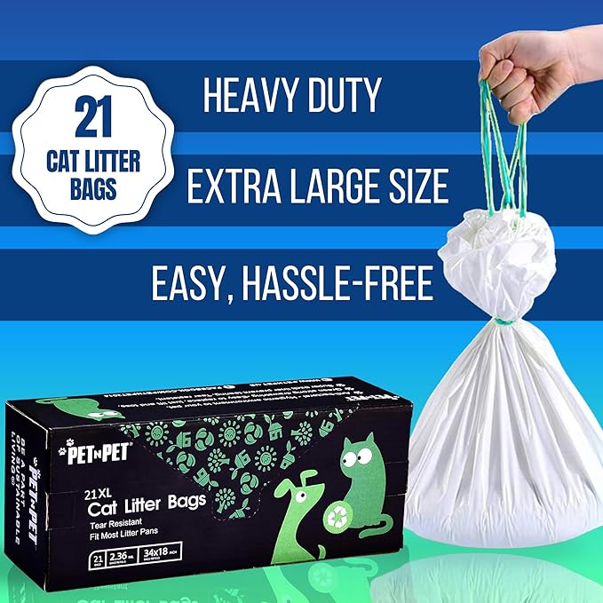 PET N PET Cat Litter Box Liners Bags Extra Large, Heavy Duty Tear Resistant & Drawstring Closure Cat Litter Bags, Waterproof Kitty Box Liners Fits Litterbox Pan Sizes, 34" x 18", 21 Count