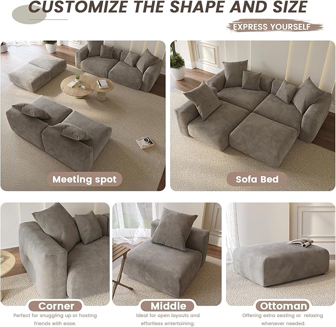 Sectional Couches for Living Room,102inch Cloud Couch Modular Sectional Sofa,Modern Corduroy Couch Love Seat,Cushion Covers Removable& Washable (Brown)