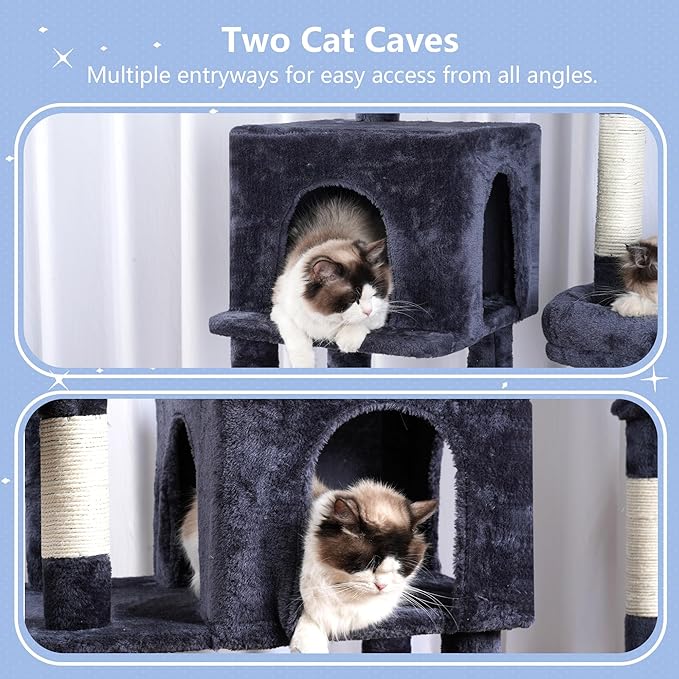 Hey-brother Cat Tree Tower, Scratching Posts with a Extended Part, Wide Platforms, Cozy Condos, Hammocks, Sisal Columns and Ball for Indoor Cats, 70.1 Inches, Smoky Gray MPJ038G
