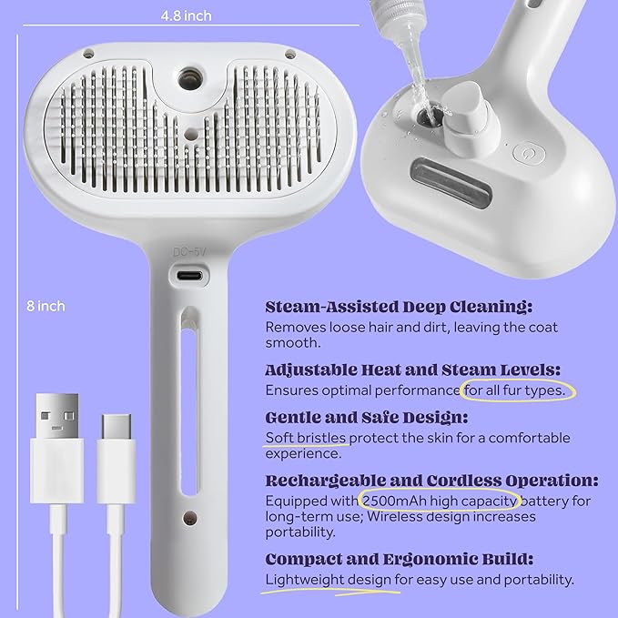 Cat Steam Brush, 3 in 1 Pet Hair Removal Tool, Self Cleaning Steamy Cat Brush for Massage, Dog Brush for Shedding, Cat&Dog Hair Remover