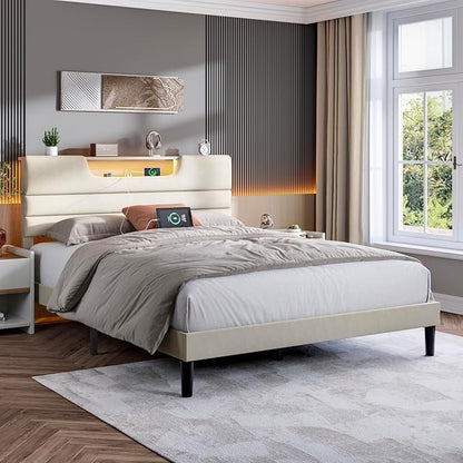Queen Size Bed Frames with Upholstered Headboard, Modern Platform Bed with Charging Station and Led Lights, Bed Frame with Sturdy Wooden Slats/No Box Spring Needed/2-Tier Storage, Beige