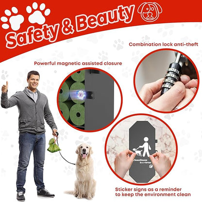 Dog Poop Bag Dispenser Wall Mount with 2Pcs Holders and 8 Rolls of Waste Bag, Metal, Corrosion-resistant, Combination Lock, Dark Gray, Suitable for Outdoor, Indoor, Raising Dogs