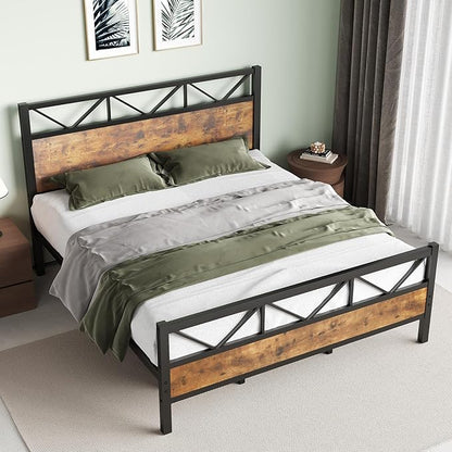 King Size Bed Frame, 51.2" Tall Industrial Headboard, King Platform Bed Frame with Strong Steel Slats Support, Noise Free, No Box Spring Needed, Easy Assembly, Rustic Brown