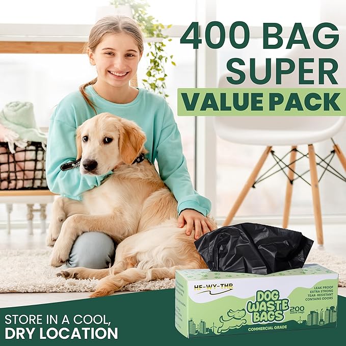 Dog Waste Bags, 400 Count, 15 Pounds, Opaque Black Color, Holds Odors Inside