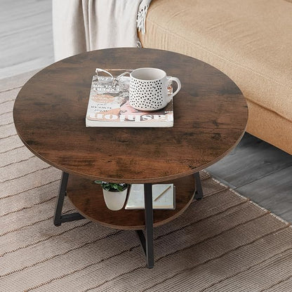 Masigle Round Coffee Table, 2-Tier Circle Coffee Table with Storage, Modern Wood Round Center Table, for Living Room, Small Space, Home Office, Easy Assembly, Rustic Brown