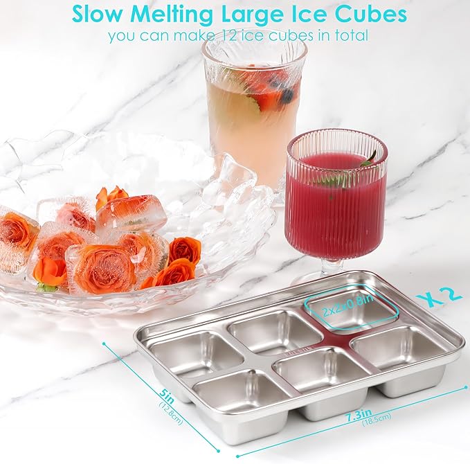 Ice Cube Tray with Lid, 2 Pack 12 Big Cubes, Stainless Steel Ice Cube Trays