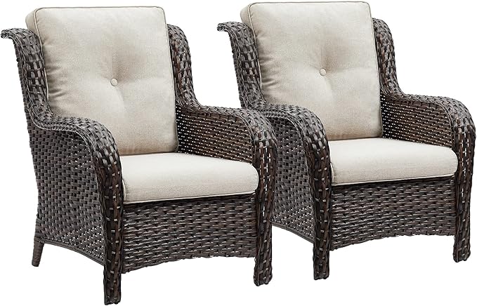 Rilyson Outdoor Wicker Patio Chairs Set of 2: Rattan Dining Chairs Porch Chairs Outdoor Club Chairs with high Back and Deep Seating (Brown/Beige)